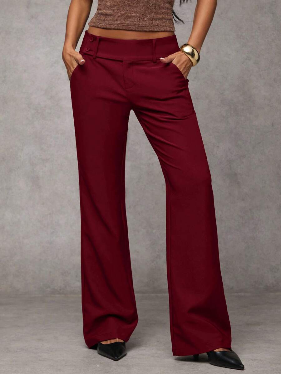 Antonia Low Rise Flare Leg Tailored Trousers with Pockets - Burgundy