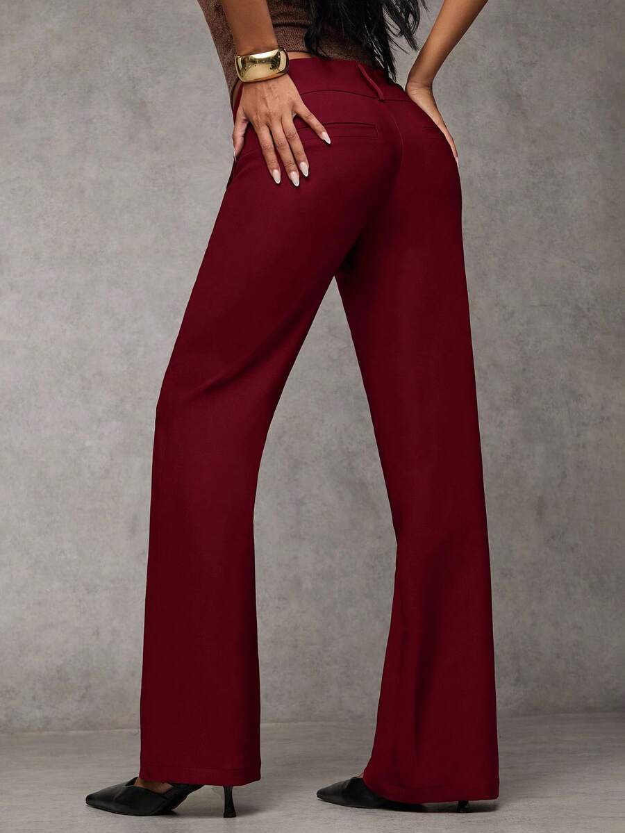Antonia Low Rise Flare Leg Tailored Trousers with Pockets - Burgundy