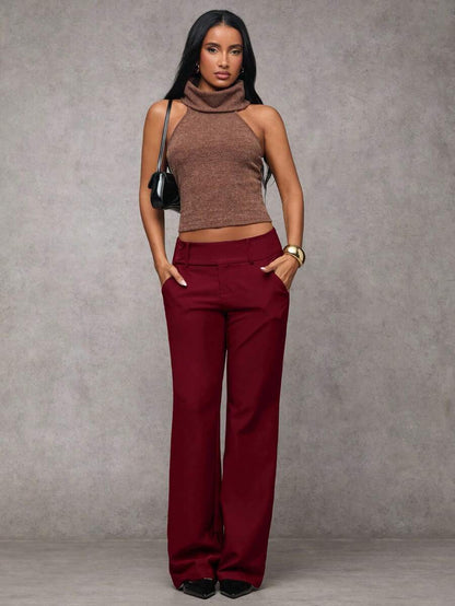 Antonia Low Rise Flare Leg Tailored Trousers with Pockets - Burgundy