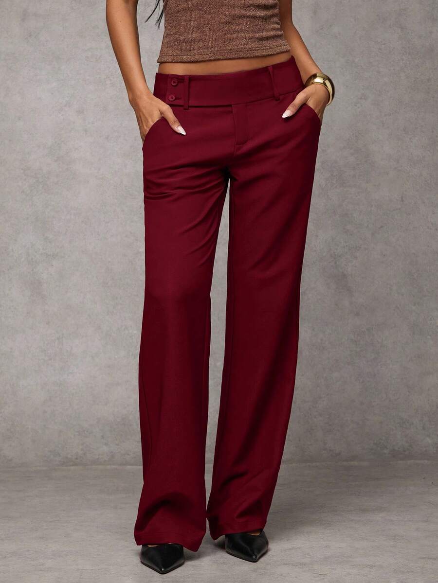 Antonia Low Rise Flare Leg Tailored Trousers with Pockets - Burgundy