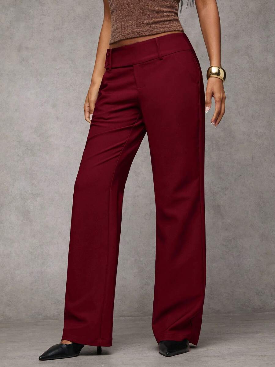 Antonia Low Rise Flare Leg Tailored Trousers with Pockets - Burgundy