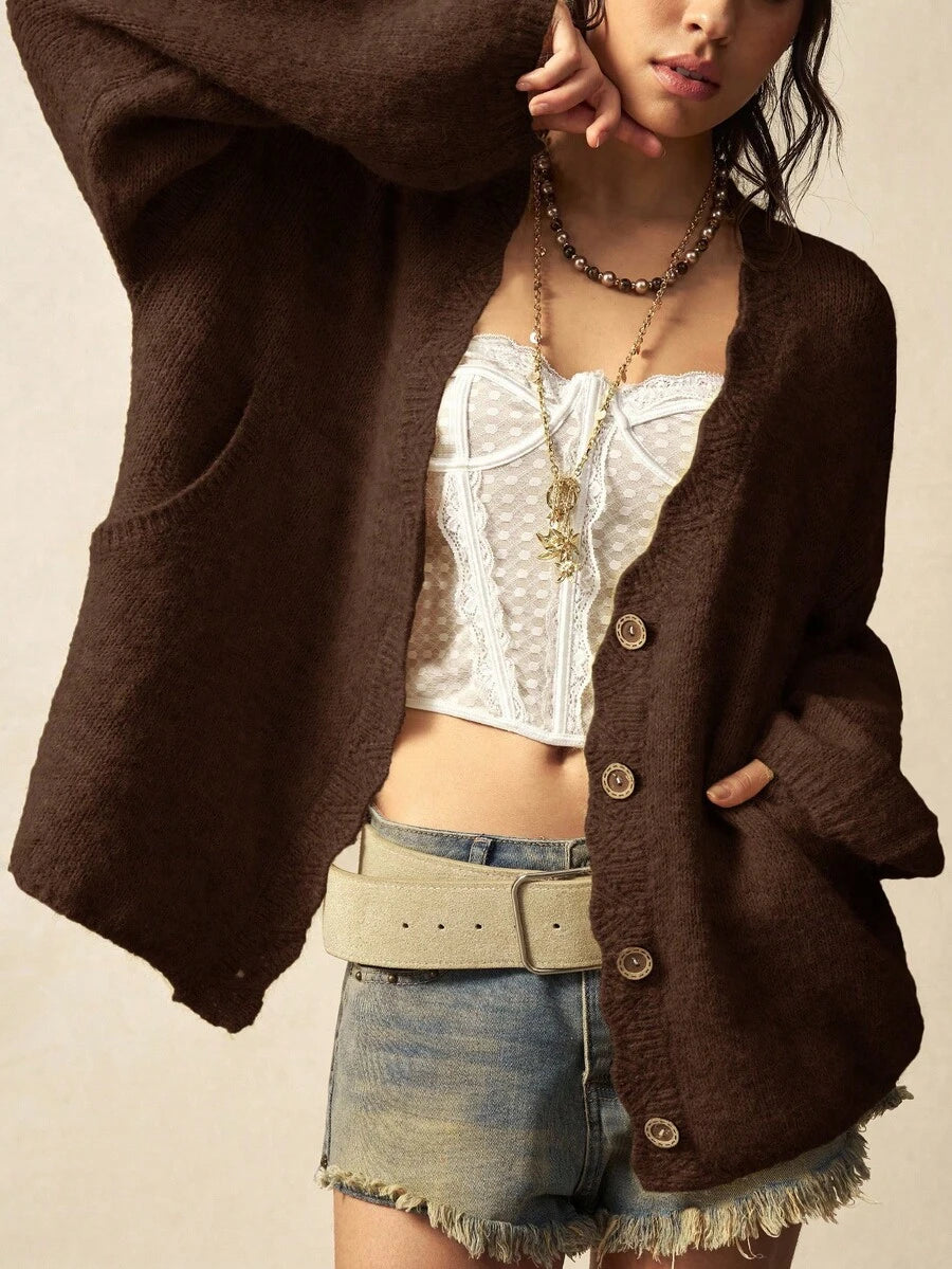 Megeve Oversized Fuzzy Knit Button Front Cardigan - Brown