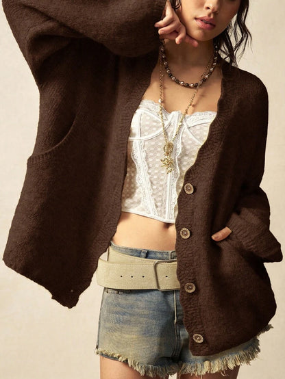 Megeve Oversized Fuzzy Knit Button Front Cardigan - Brown