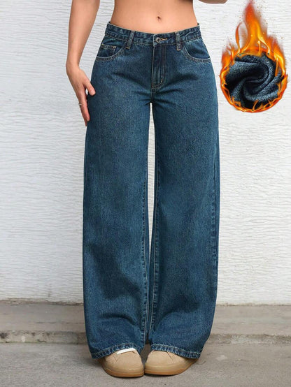 Ravenna High Waisted Wide Leg Baggy Jeans with Pockets - Blue