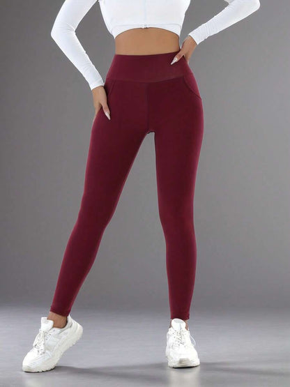 Isolde High Waist Brushed Thermal Leggings with Pockets - Burgundy
