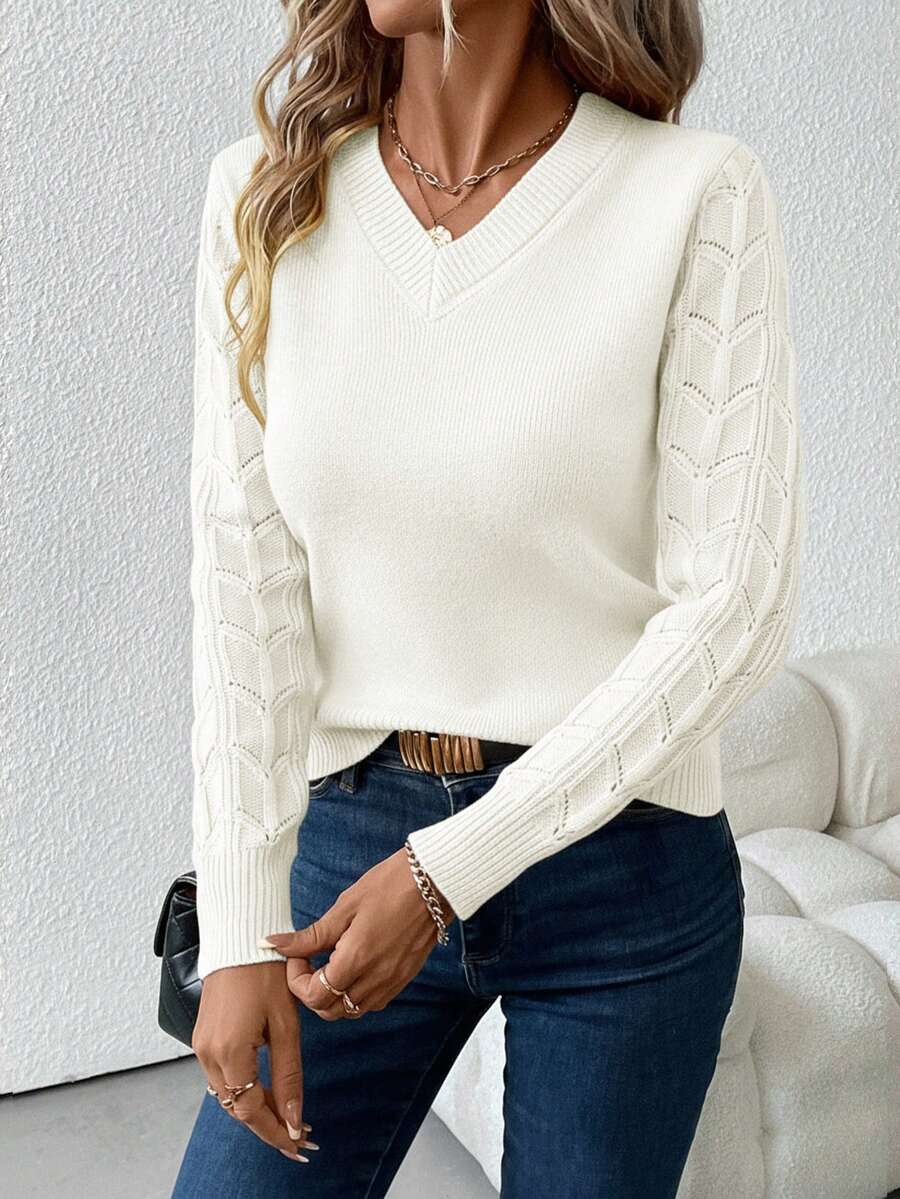Henrietta Classic V-Neck Long Sleeve Knit Pullover Sweater - White