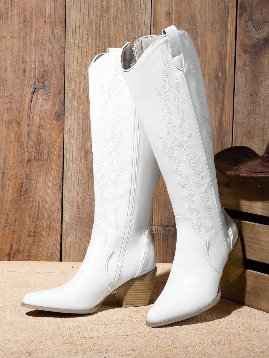 Dream Pairs Women's Embroidered Western Cowgirl Cowboy Boots Pull On Zipper Chunky Heel Pointed Toe Party Knee High Boots Mensa