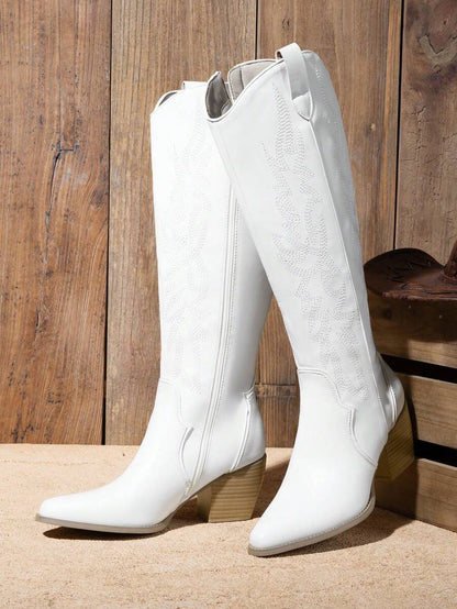 Dream Pairs Women's Embroidered Western Cowgirl Cowboy Boots Pull On Zipper Chunky Heel Pointed Toe Party Knee High Boots Mensa