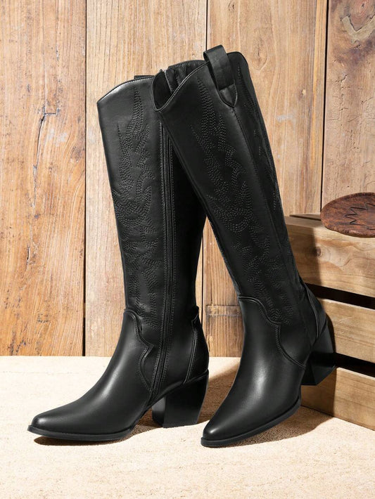 Dream Pairs Women's Embroidered Western Cowgirl Cowboy Boots Pull On Zipper Chunky Heel Pointed Toe Party Knee High Boots Mensa