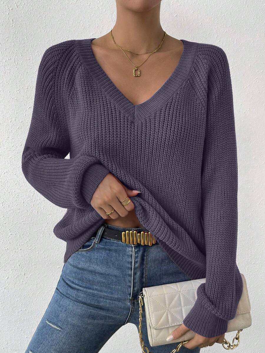 Aarhus V Neck Raglan Sleeve Ribbed Knit Sweater - Violet Purple