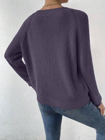 Aarhus V Neck Raglan Sleeve Ribbed Knit Sweater