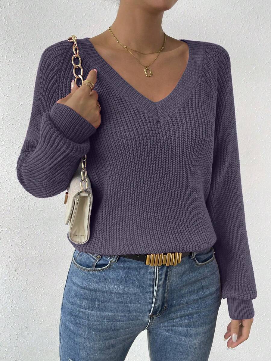 Aarhus V Neck Raglan Sleeve Ribbed Knit Sweater