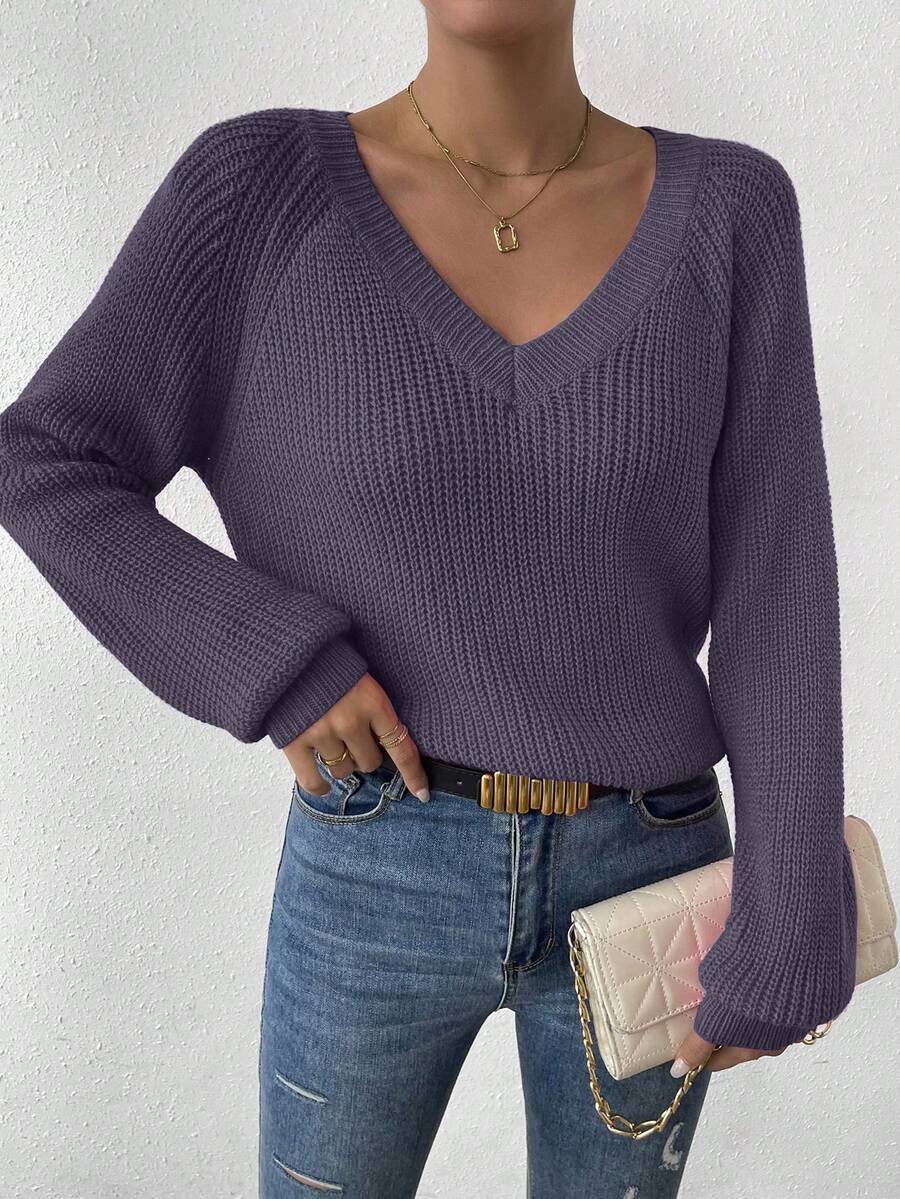 Aarhus V Neck Raglan Sleeve Ribbed Knit Sweater