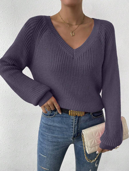 Aarhus V Neck Raglan Sleeve Ribbed Knit Sweater