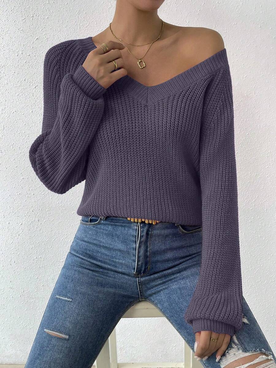Aarhus V Neck Raglan Sleeve Ribbed Knit Sweater