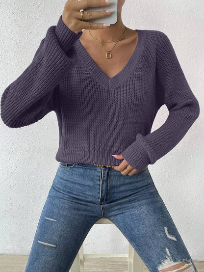 Aarhus V Neck Raglan Sleeve Ribbed Knit Sweater