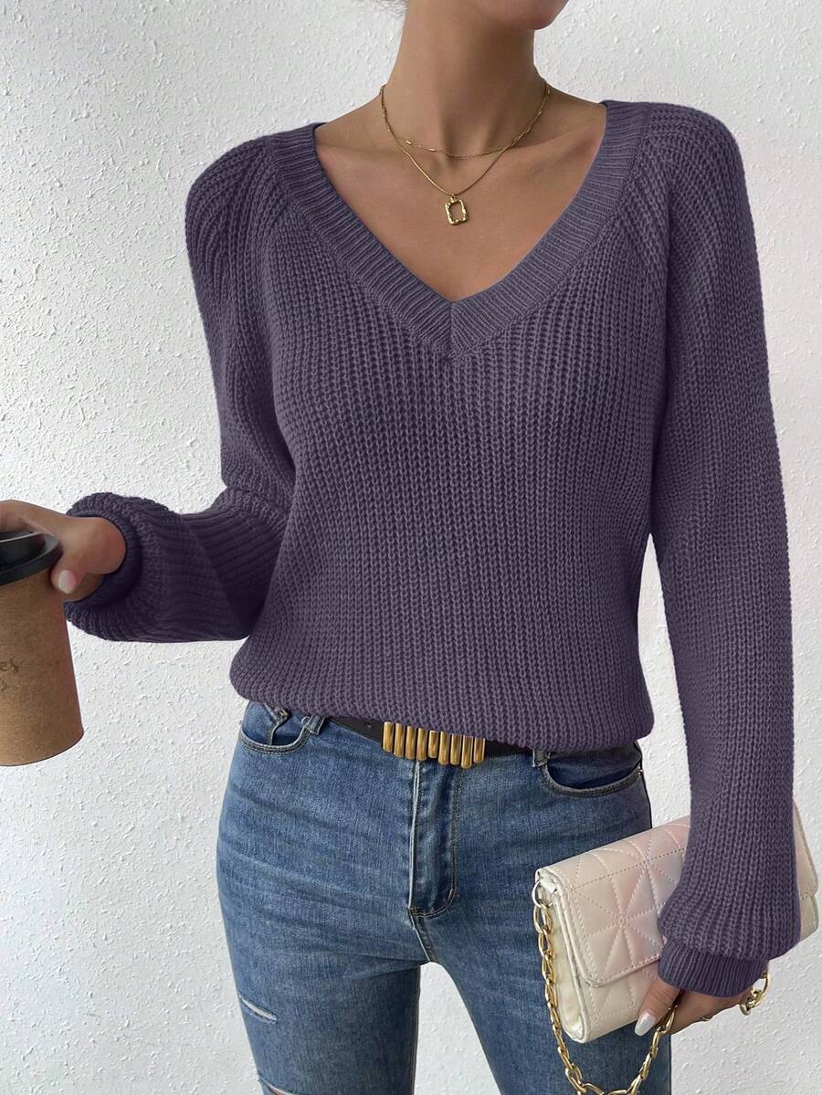 Aarhus V Neck Raglan Sleeve Ribbed Knit Sweater
