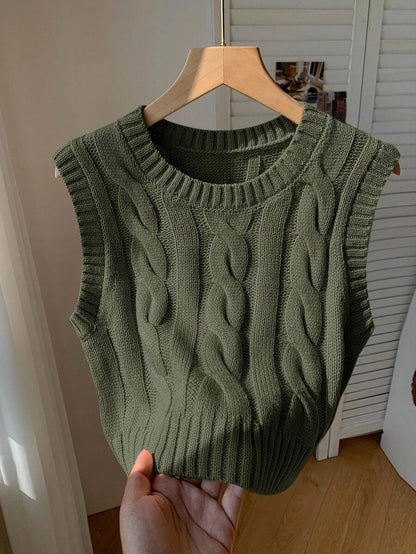 Women's Cropped Cable Knit Sweater Vest, Sleeveless Layering Top for Fall - Army Green