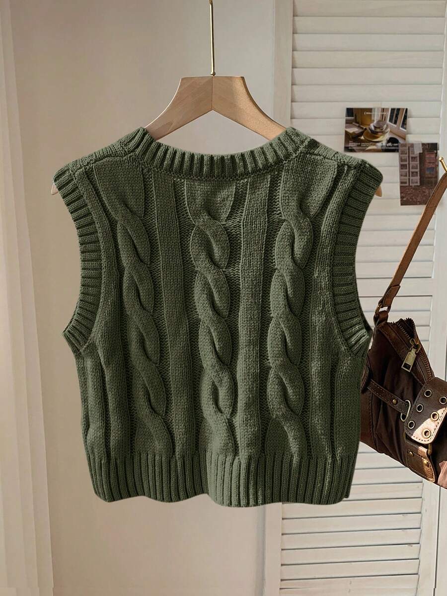 Women's Cropped Cable Knit Sweater Vest, Sleeveless Layering Top for Fall - Coffee Brown