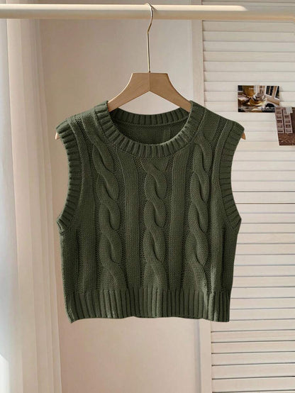 Women's Cropped Cable Knit Sweater Vest, Sleeveless Layering Top for Fall - Coffee Brown