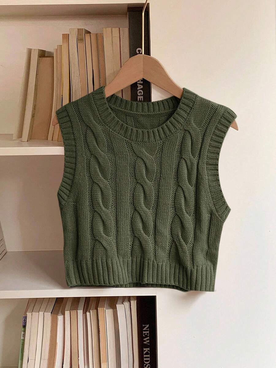 Women's Cropped Cable Knit Sweater Vest, Sleeveless Layering Top for Fall - Coffee Brown
