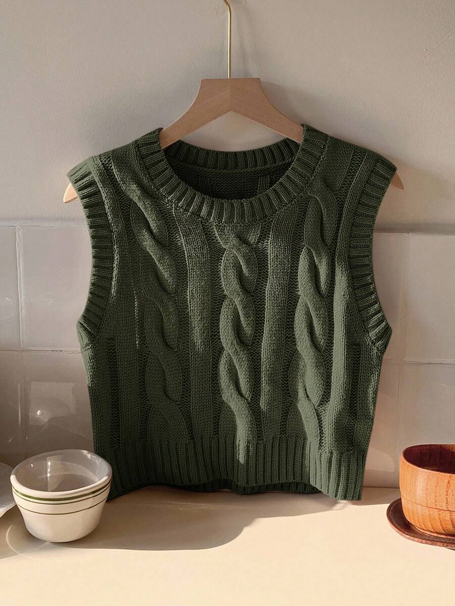 Women's Cropped Cable Knit Sweater Vest, Sleeveless Layering Top for Fall - Coffee Brown