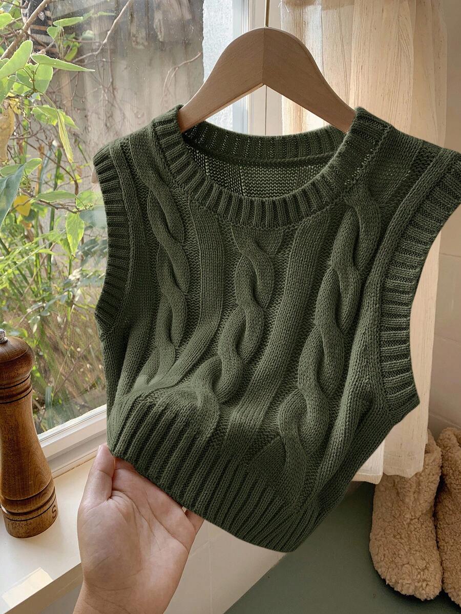 Women's Cropped Cable Knit Sweater Vest, Sleeveless Layering Top for Fall - Coffee Brown