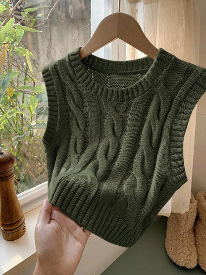 Women's Cropped Cable Knit Sweater Vest, Sleeveless Layering Top for Fall - Coffee Brown
