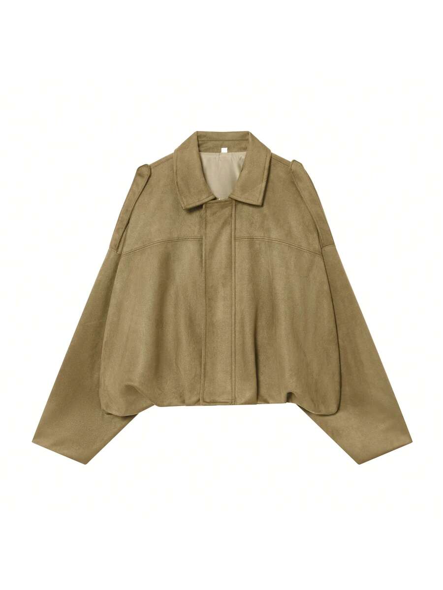 Sabrina Faux Suede Oversized Cropped Collared Jacket - Khaki