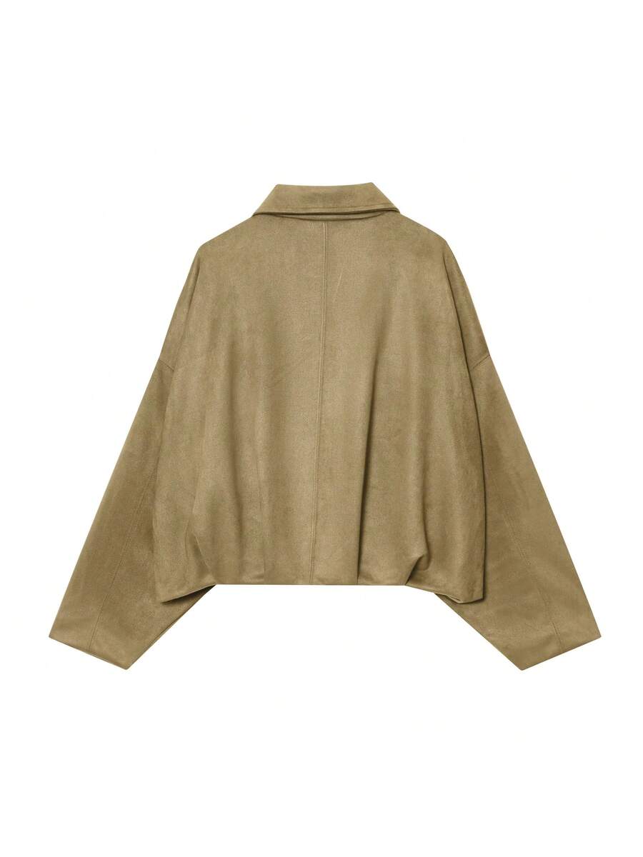 Sabrina Faux Suede Oversized Cropped Collared Jacket - Khaki