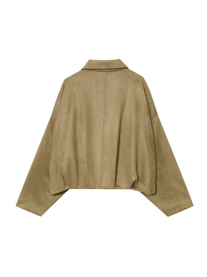 Sabrina Faux Suede Oversized Cropped Collared Jacket - Khaki