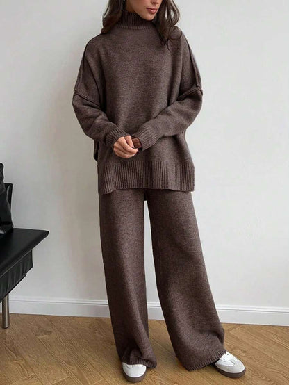 Anneliese High Neck Oversized Sweater and Wide Leg Knit Pants Set - Coffee Brown
