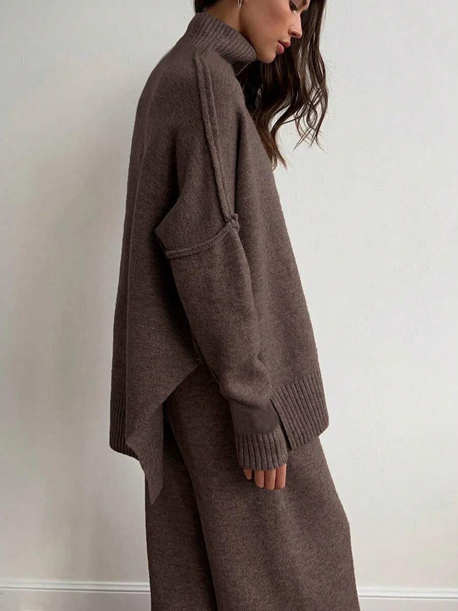 Anneliese High Neck Oversized Sweater and Wide Leg Knit Pants Set - Coffee Brown