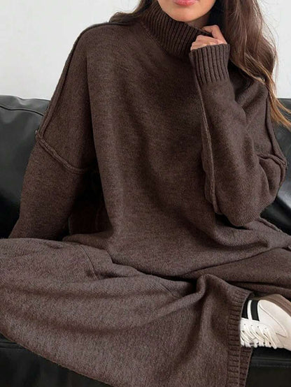 Anneliese High Neck Oversized Sweater and Wide Leg Knit Pants Set - Coffee Brown