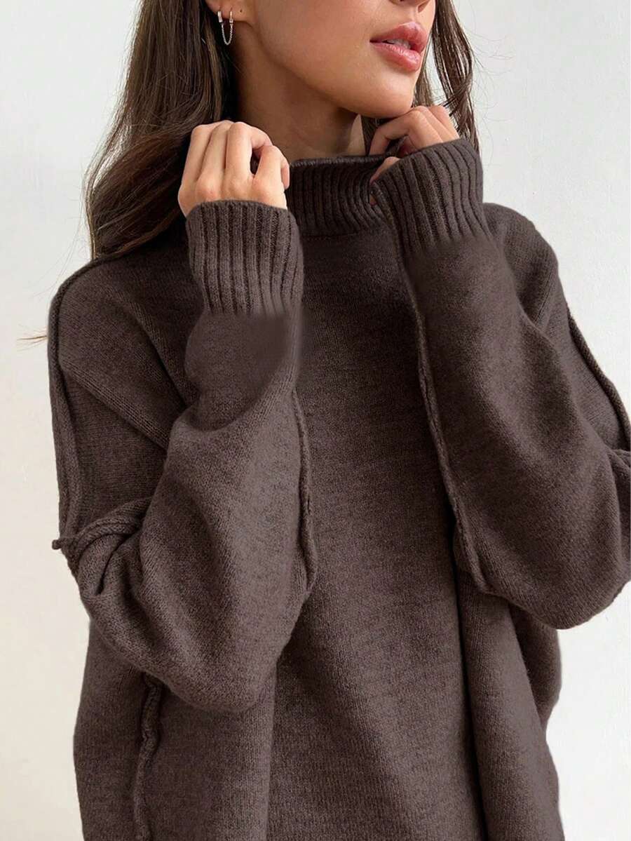 Anneliese High Neck Oversized Sweater and Wide Leg Knit Pants Set - Coffee Brown