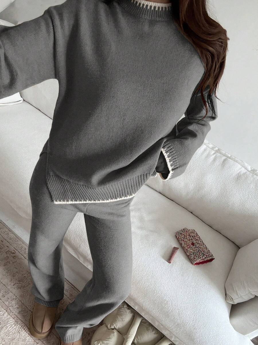 Davos Drop Shoulder Sweater and Knit Pants Set - Dark Grey
