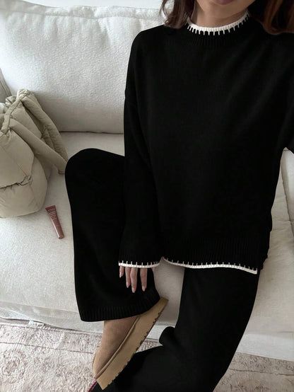 Davos Drop Shoulder Sweater and Knit Pants Set - Black and White
