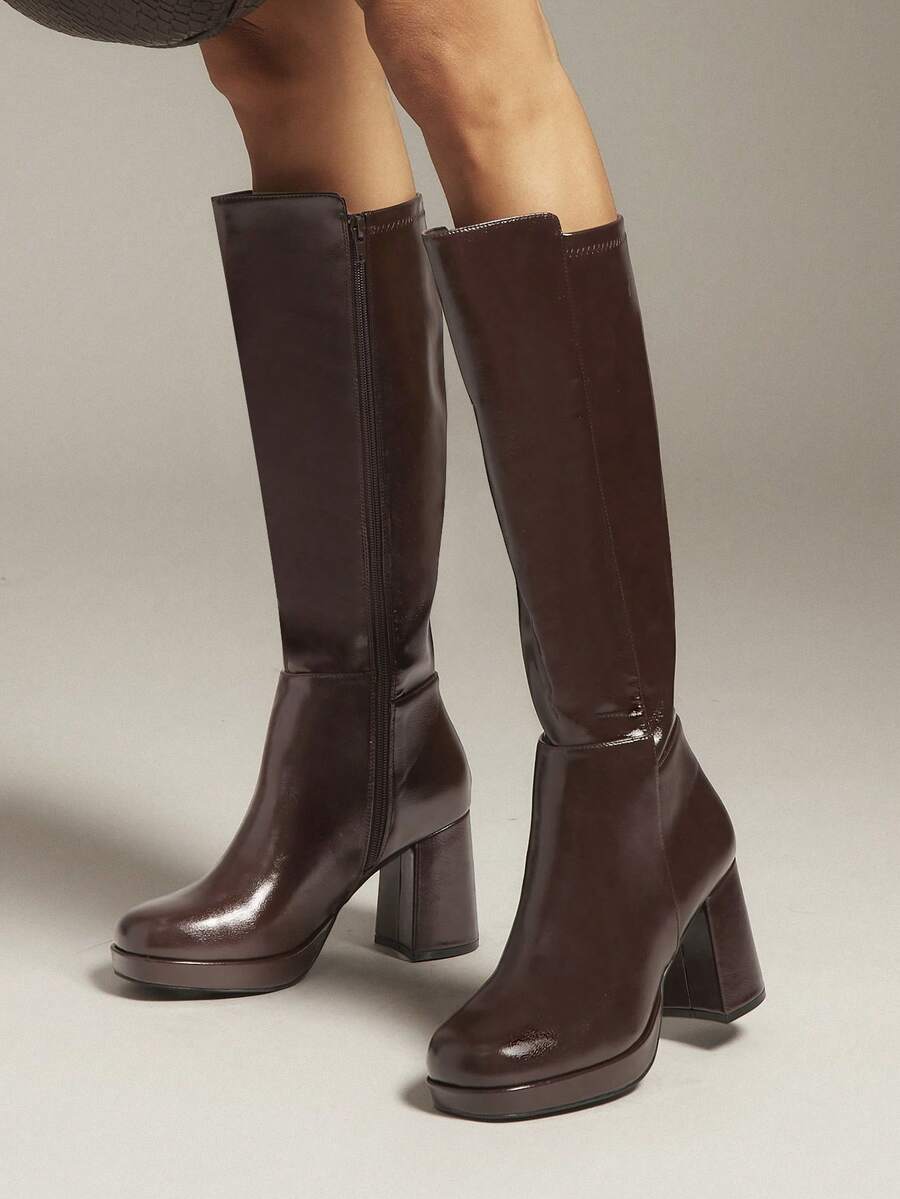 SHUZIA Women's Knee High Platform Block Heel Pu + Lycra Casual Boots For Christmas Valentine's Day Mensa