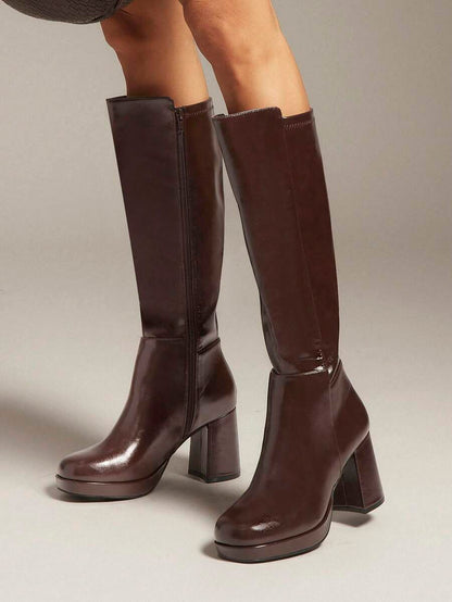 SHUZIA Women's Knee High Platform Block Heel Pu + Lycra Casual Boots For Christmas Valentine's Day Mensa