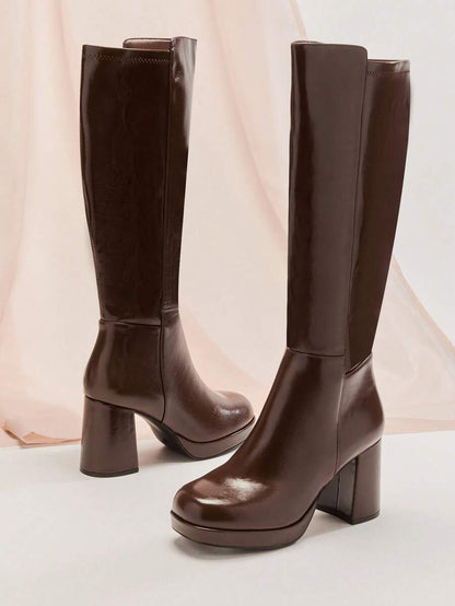 SHUZIA Women's Knee High Platform Block Heel Pu + Lycra Casual Boots For Christmas Valentine's Day Mensa