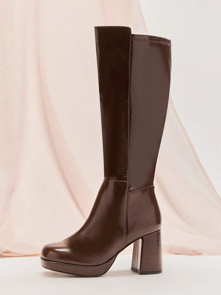 SHUZIA Women's Knee High Platform Block Heel Pu + Lycra Casual Boots For Christmas Valentine's Day Mensa