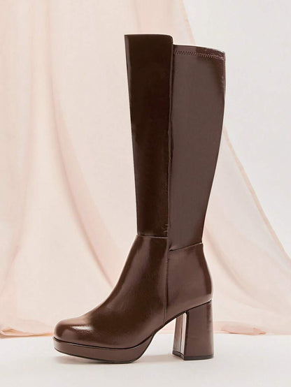 SHUZIA Women's Knee High Platform Block Heel Pu + Lycra Casual Boots For Christmas Valentine's Day Mensa