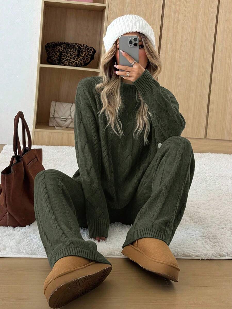 Ginevra 2 Piece Sweater Set Cable Knit Pullover and Wide Leg Pants - Olive