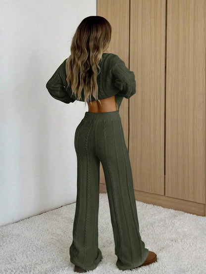 Ginevra 2 Piece Sweater Set Cable Knit Pullover and Wide Leg Pants - Olive
