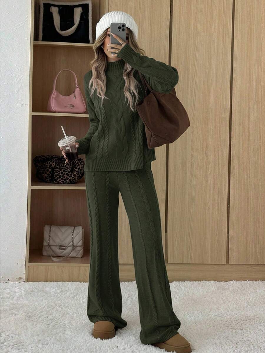 Ginevra 2 Piece Sweater Set Cable Knit Pullover and Wide Leg Pants - Olive