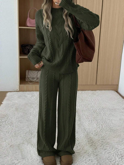 Ginevra 2 Piece Sweater Set Cable Knit Pullover and Wide Leg Pants - Olive