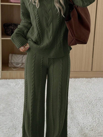 Ginevra 2 Piece Sweater Set Cable Knit Pullover and Wide Leg Pants - Olive