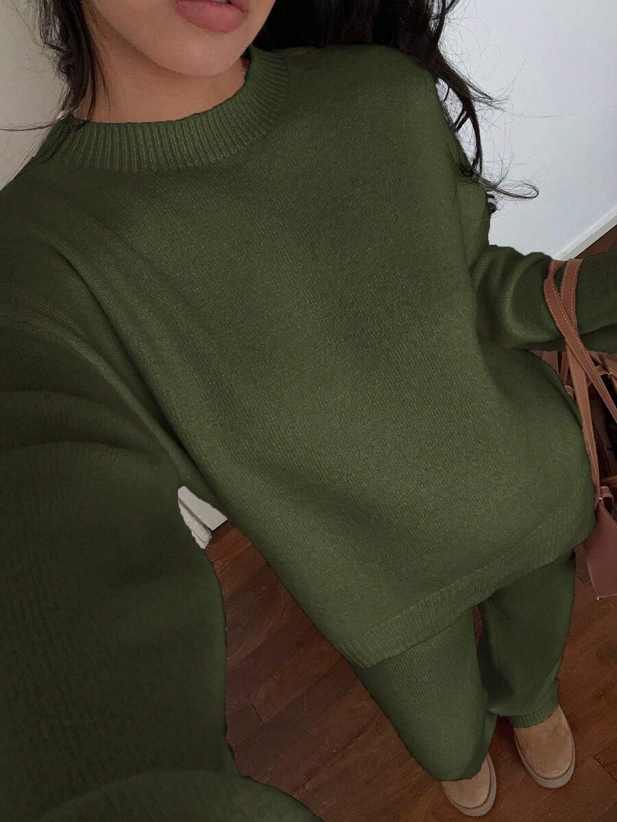 Davos Drop Shoulder Sweater and Knit Pants Set - Army Green