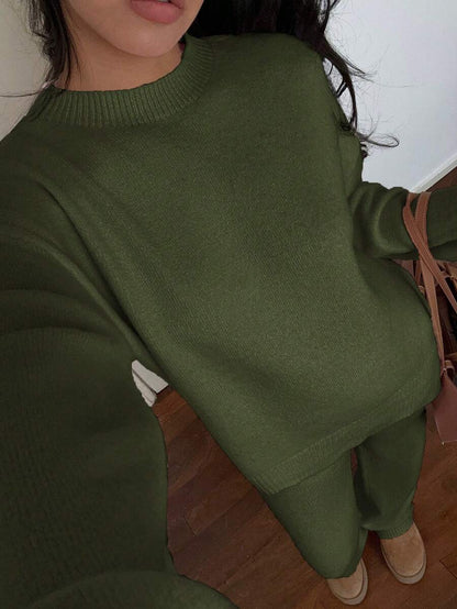 Davos Drop Shoulder Sweater and Knit Pants Set - Army Green