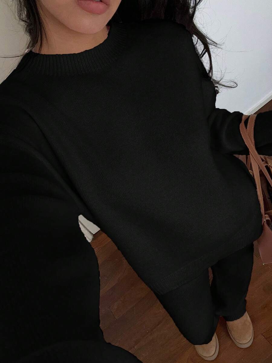 Davos Drop Shoulder Sweater and Knit Pants Set - Black